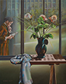 A woman reading a letter in an interior with a vase of flowers. Click to enlarge.