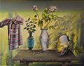 Still life featuring objects and plants against a light-coloured background. Click to enlarge.