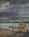 Seascape featuring a wooden model of the famous Spanish galleon “SANTISSIMA MADRE”. Click to enlarge.