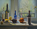 Bottles of wine with a lemon and an orange in the light of a May afternoon. Click to enlarge.
